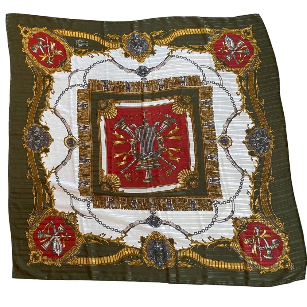 Equestrian Poste et Cavalerie Silk Poly Scarf Olive Green Red Gold‎ 34